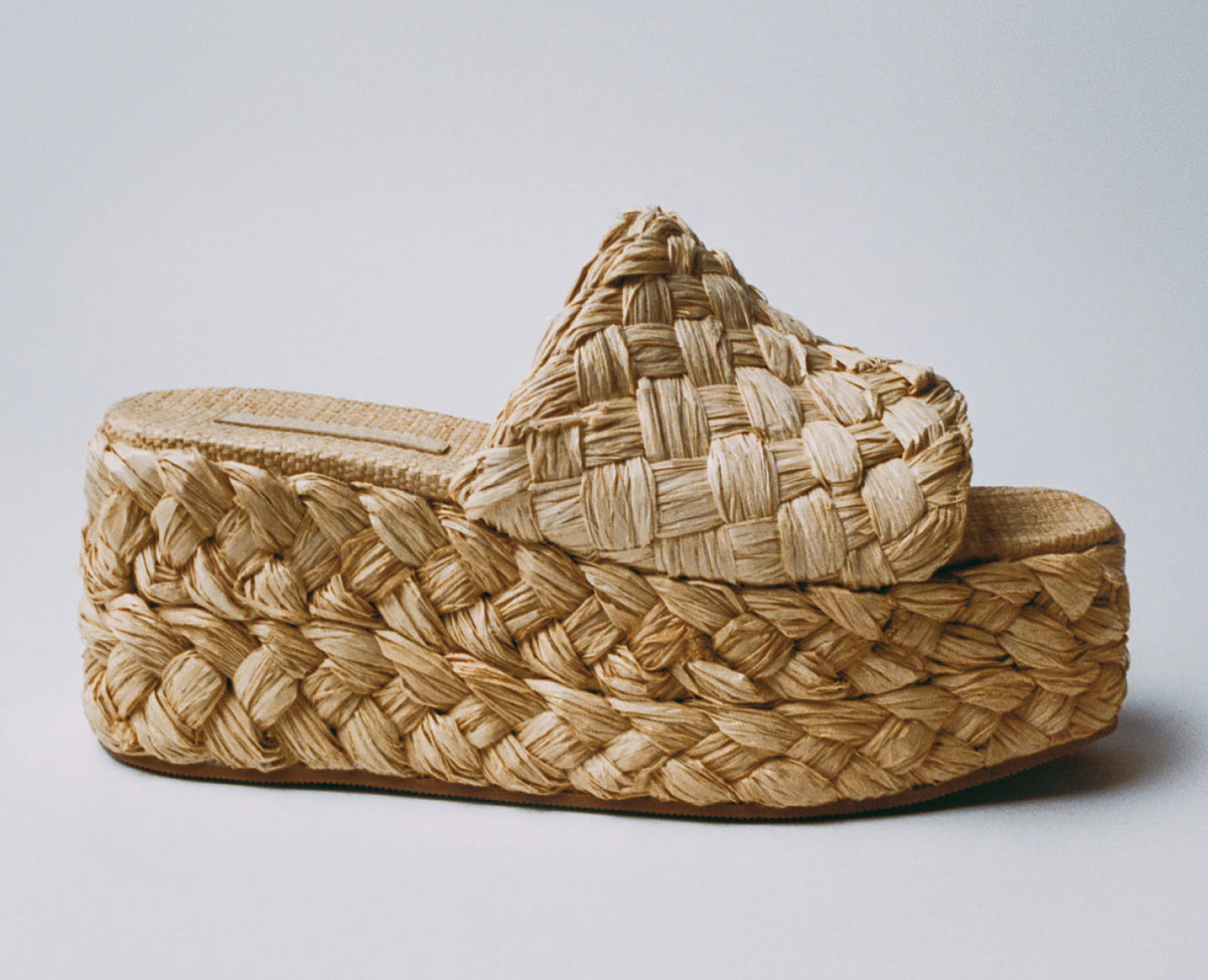 A side view of a straw platform mule sandal on a grey background.