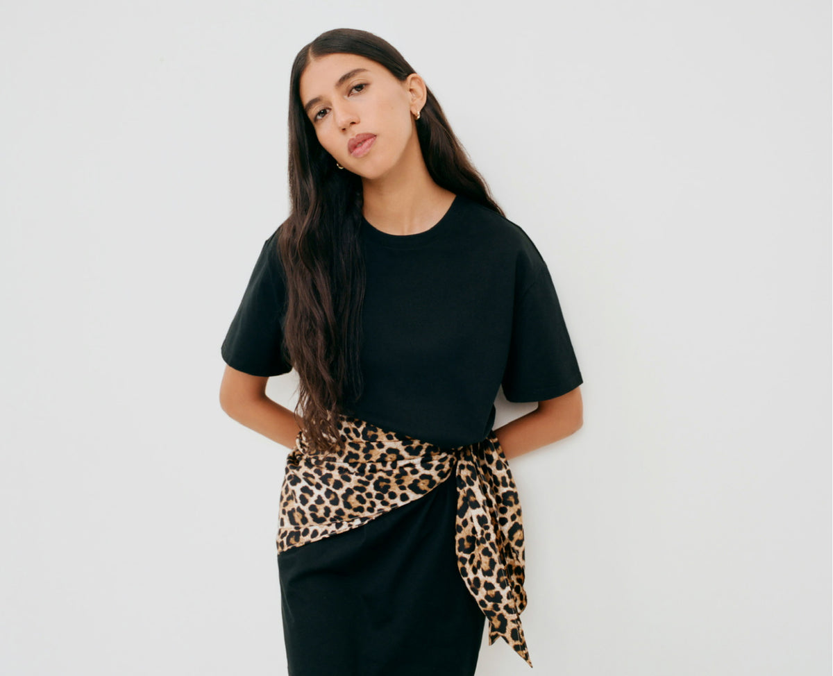 Rooney Scarf Dress in black cotton with leopard silk scarf - Loeffler Randall