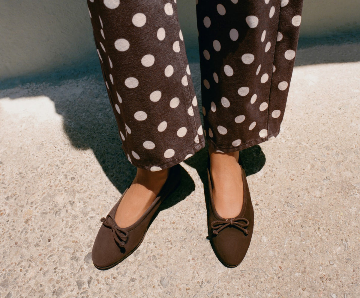 Winona Denim Pant in brown and cream polka dot denim and Noelle Brown Suede Ballet Flat - Loeffler Randall