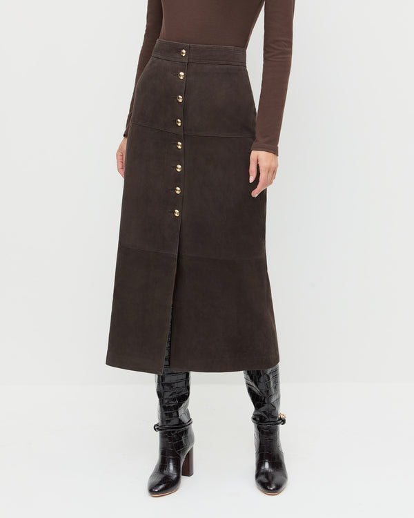 Tansy Suede Skirt in brown suede, Lumi Long-Sleeve Bodysuit in chocolate brown jersey, and Goldy Crocodile/Gold Leather Tall Boot.