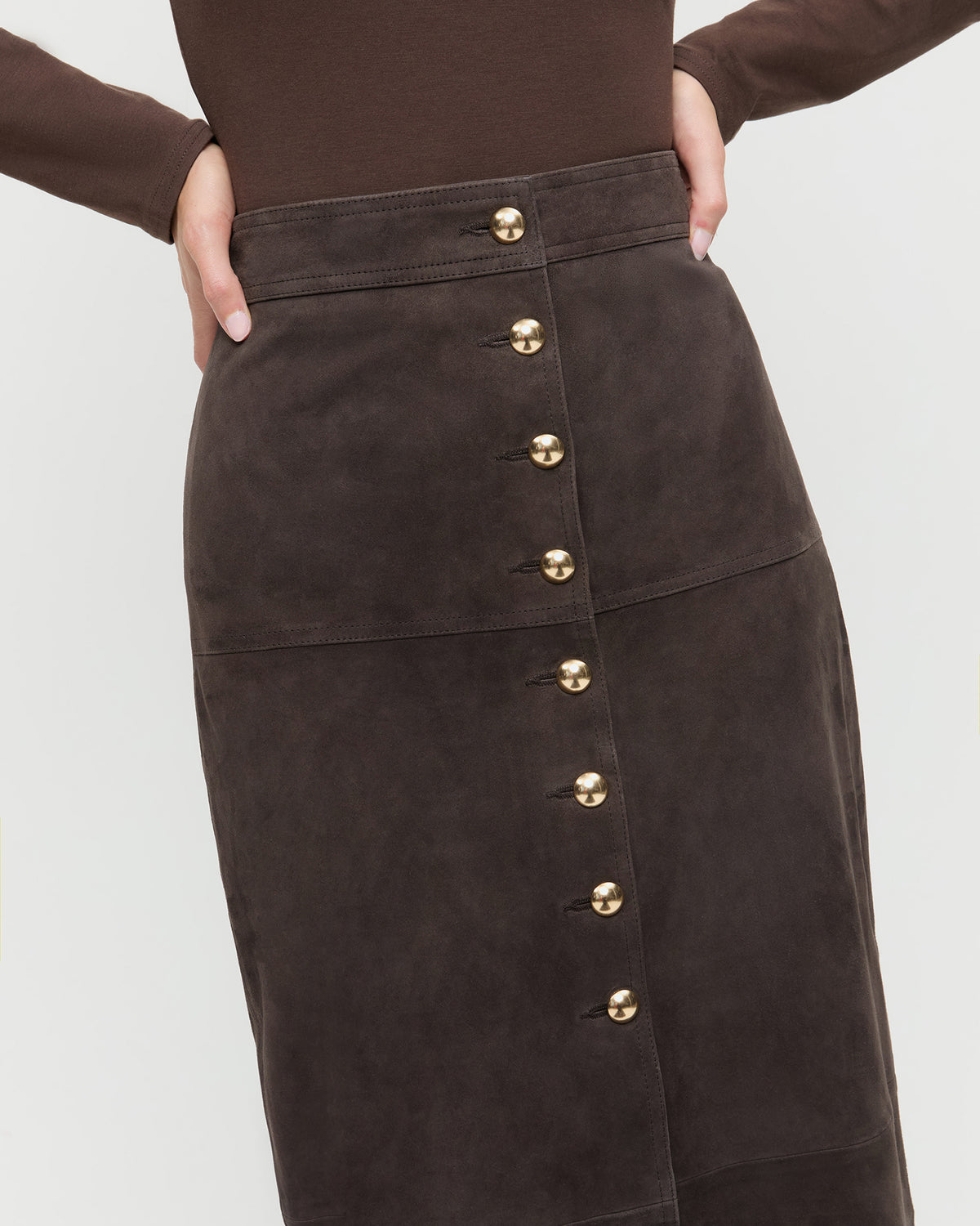Tansy Suede Skirt in brown suede and Lumi Long-Sleeve Bodysuit in chocolate brown jersey.