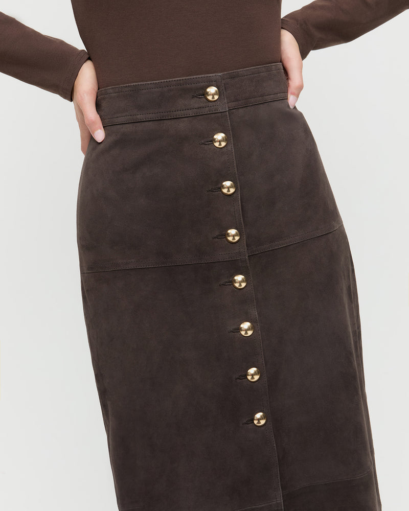 Tansy Suede Skirt in brown suede and Lumi Long-Sleeve Bodysuit in chocolate brown jersey.