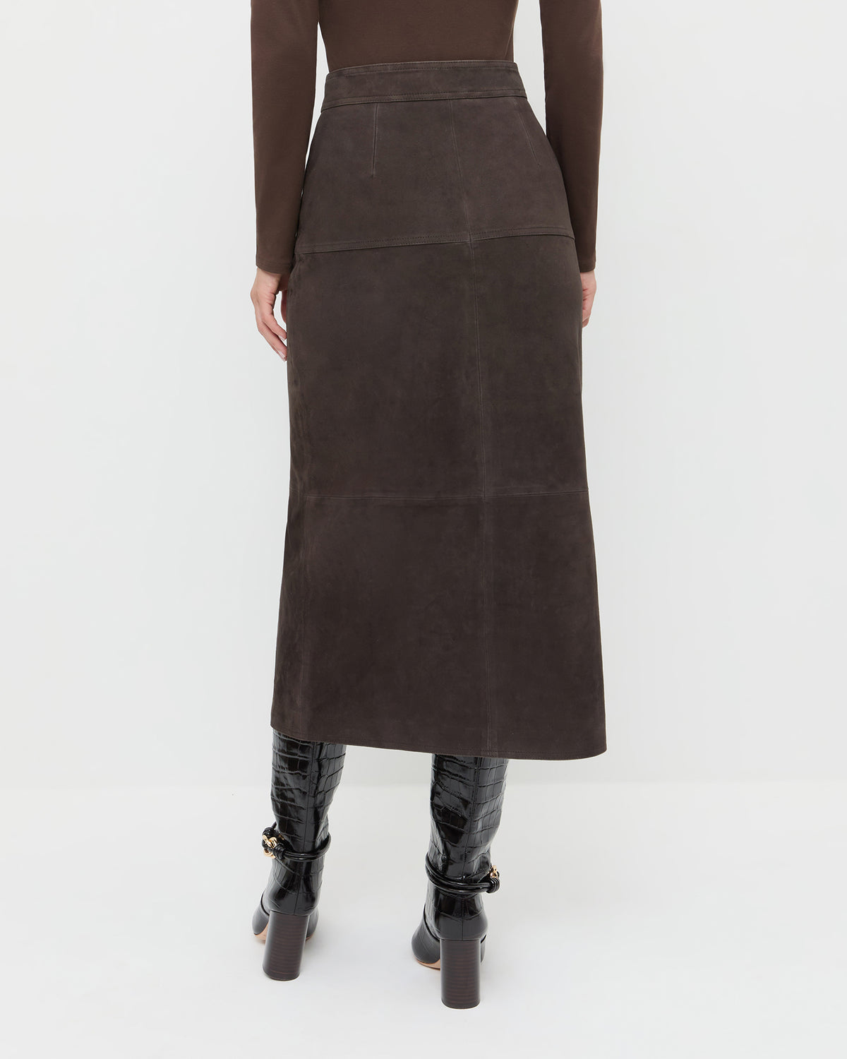 Tansy Suede Skirt in brown suede, Lumi Long-Sleeve Bodysuit in chocolate brown jersey, and Goldy Crocodile/Gold Leather Tall Boot.