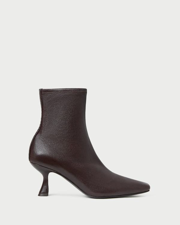 Thandy Brown Leather Curved Heel Bootie in brown leather.
