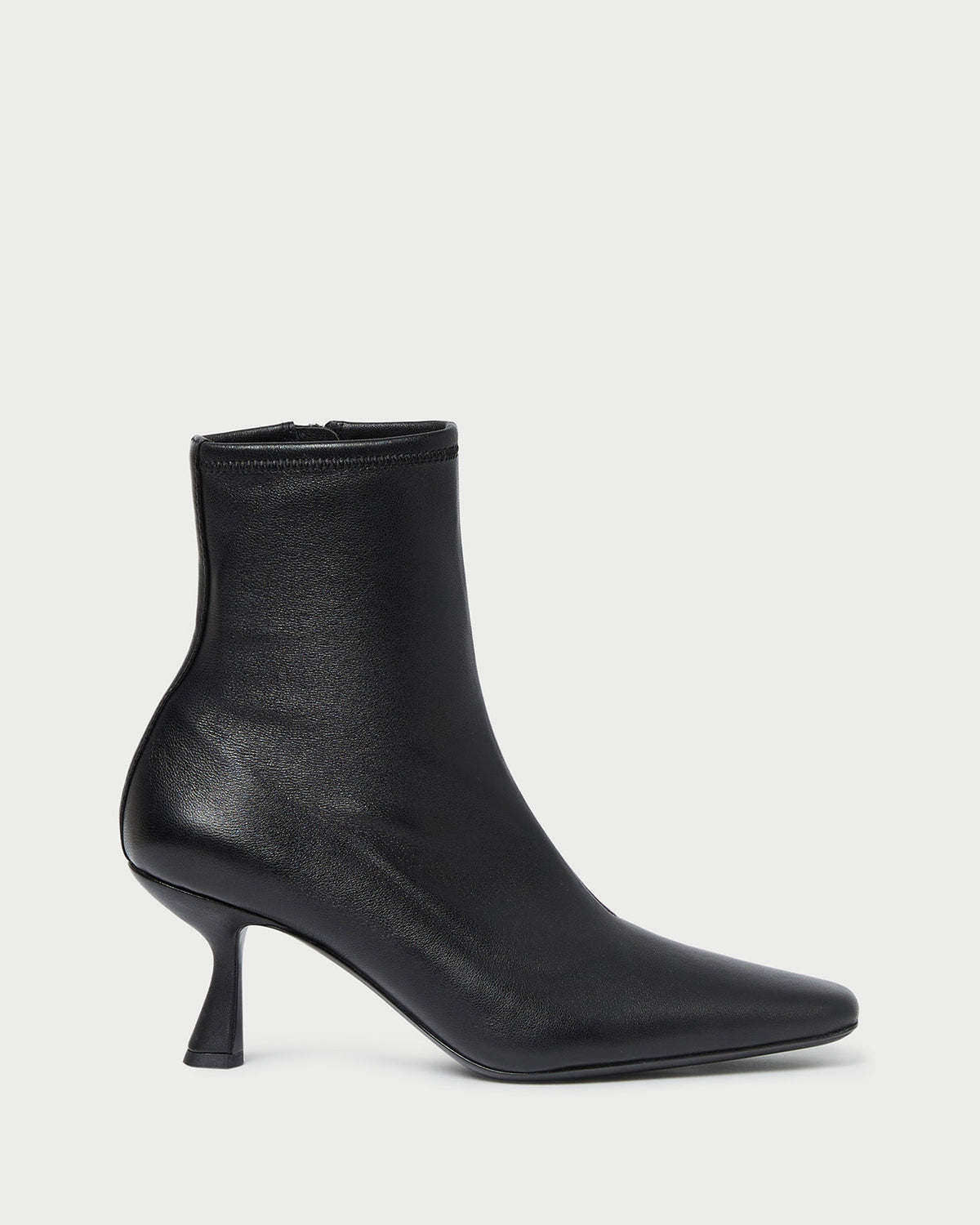 Thandy Black Leather Curved Heel Bootie in black leather.