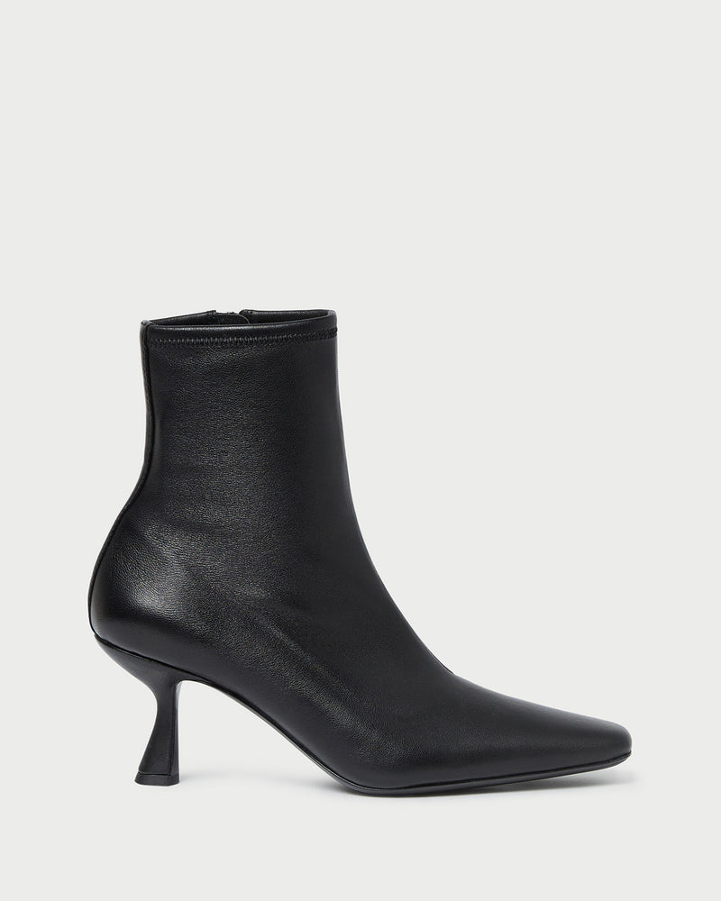 Thandy Black Leather Curved Heel Bootie in black leather.