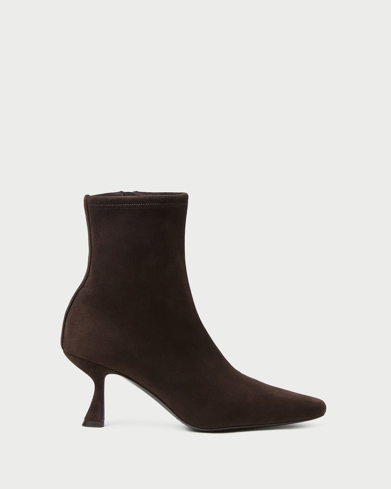 Thandy Brown Suede Curved Heel Bootie in brown suede.