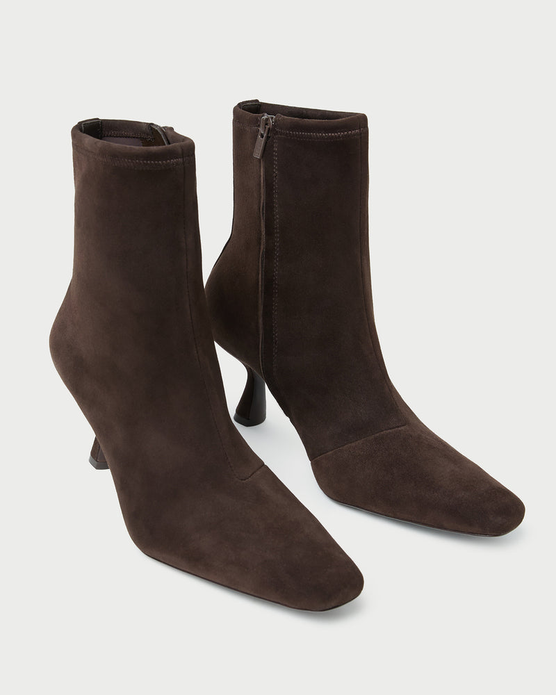 Thandy Brown Suede Curved Heel Bootie in brown suede.