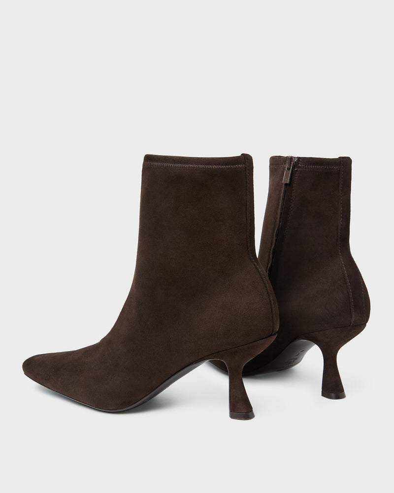 Thandy Brown Suede Curved Heel Bootie in brown suede.