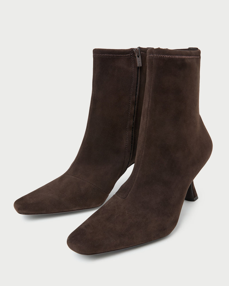 Thandy Brown Suede Curved Heel Bootie in brown suede.