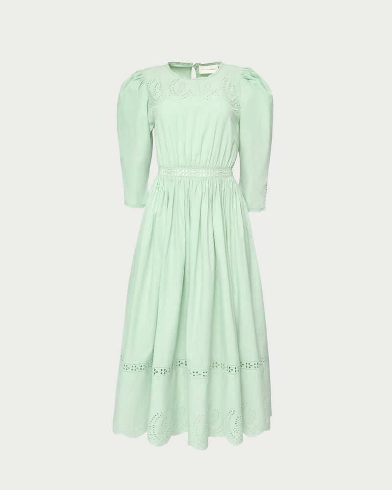 Thelma Eyelet Dress in mint green cotton.
