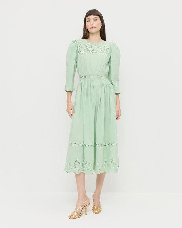Thelma Eyelet Dress in mint green cotton and Alexandra Gold Slingback Heel.