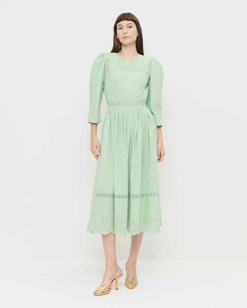 Thelma Eyelet Dress in mint green cotton and Alexandra Gold Slingback Heel.