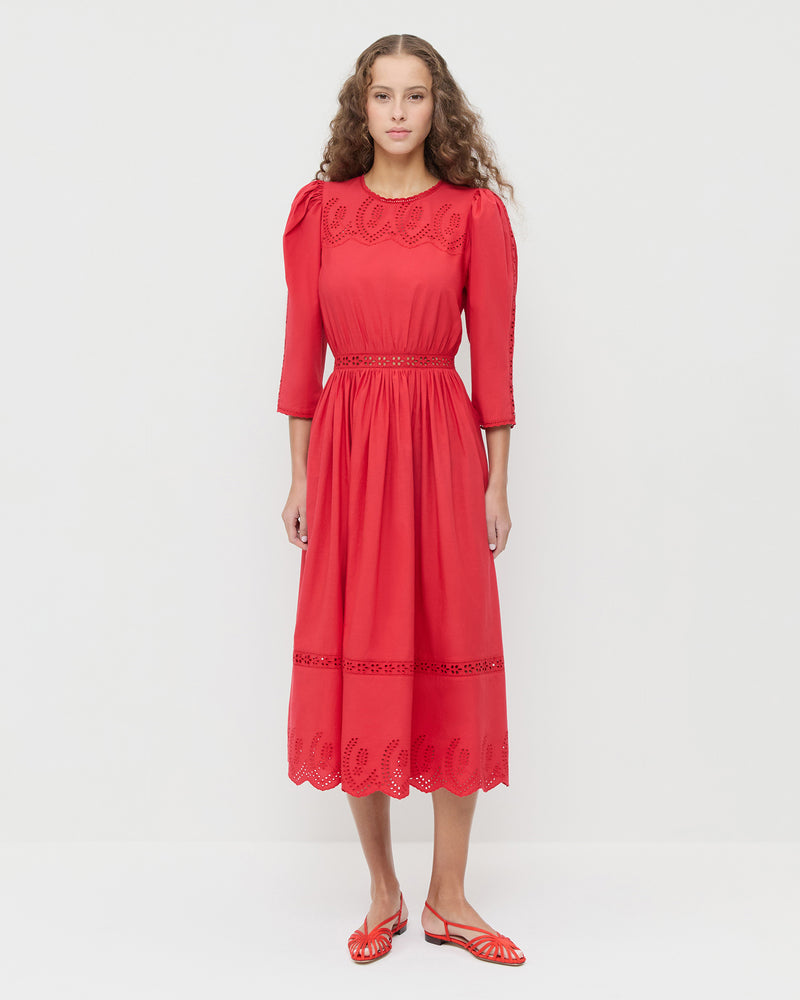 Thelma Eyelet Dress in red cotton and Devon Red Moiré Slingback Sandal.