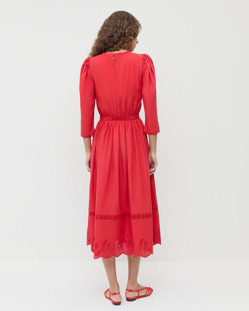 Thelma Eyelet Dress in red cotton and Devon Red Moiré Slingback Sandal.