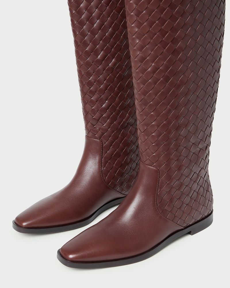 Tilly Espresso Woven Leather Boot in brown espresso woven leather.