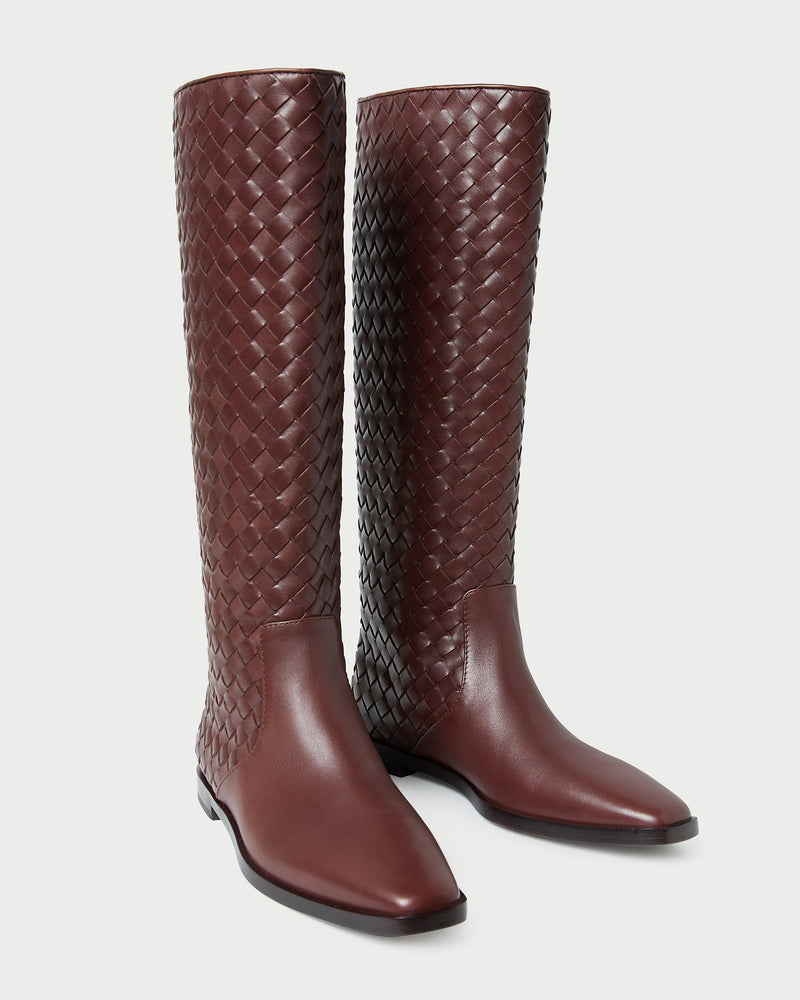 Tilly Espresso Woven Leather Boot in brown espresso woven leather.