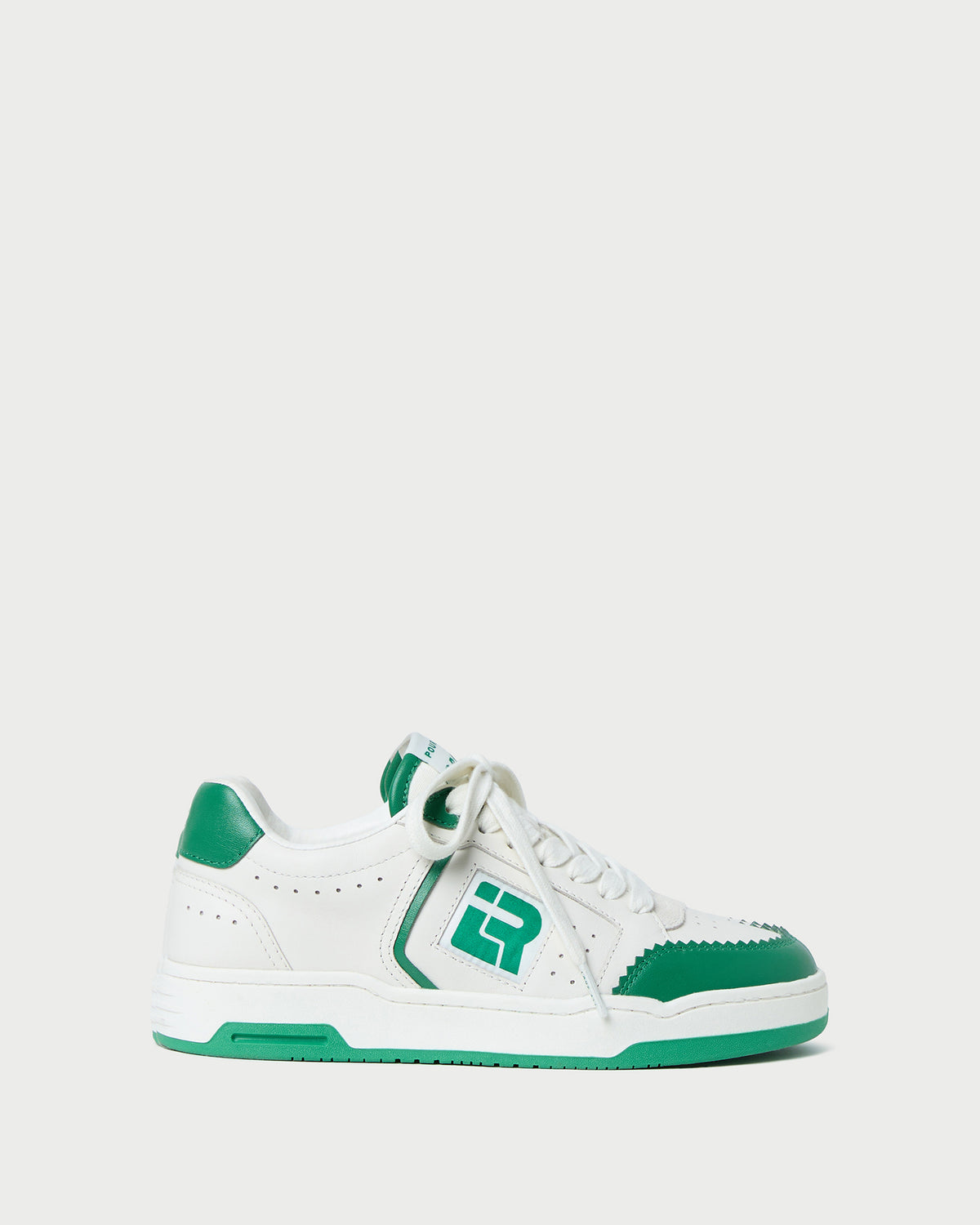 Topspin Cream/Green Court Sneaker in cream and green leather.