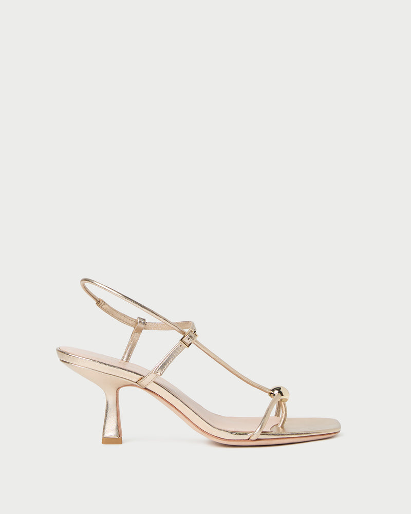 Triana Champagne Leather Mid-Heel Sandal in champagne leather.