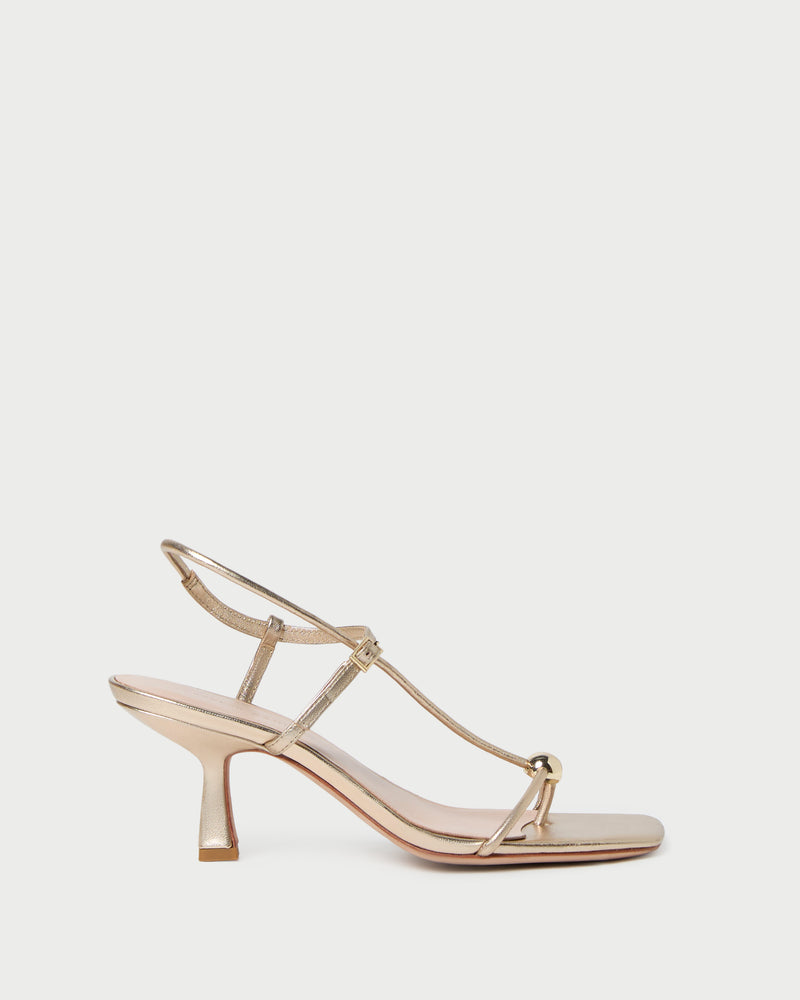 Triana Champagne Leather Mid-Heel Sandal in champagne leather.