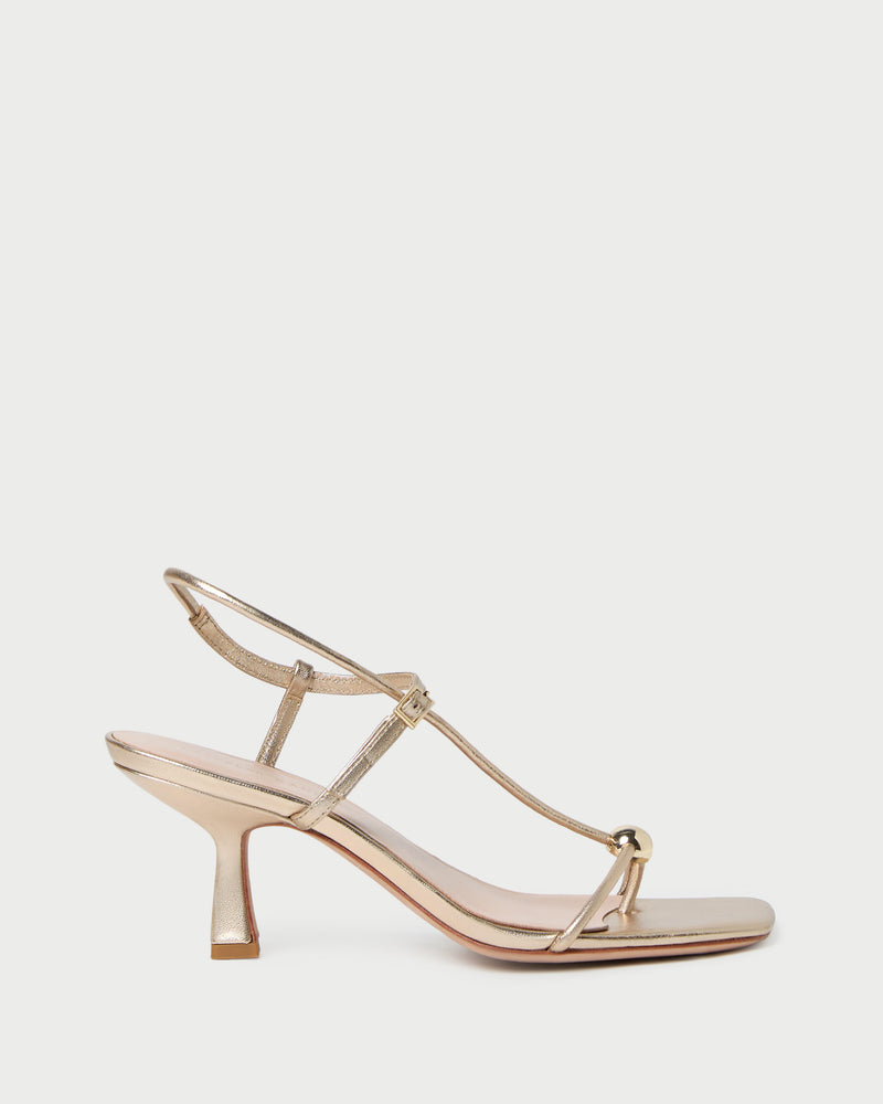 Triana Champagne Leather Mid-Heel Sandal in champagne leather.