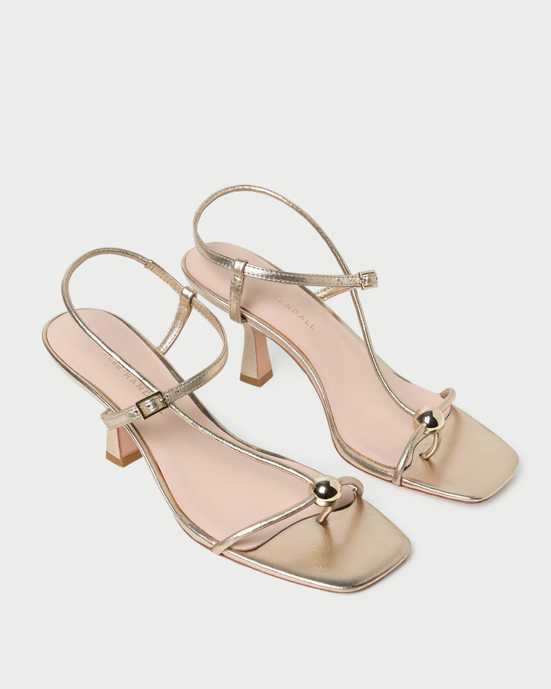 Triana Champagne Leather Mid-Heel Sandal in champagne leather.