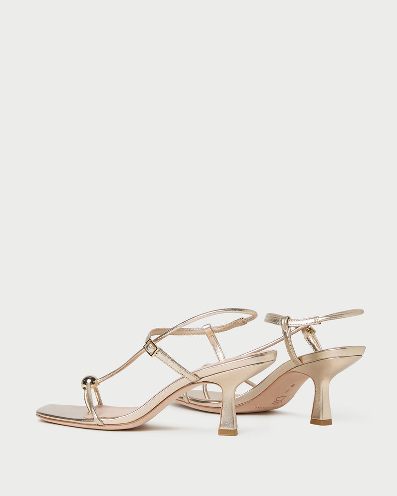 Triana Champagne Leather Mid-Heel Sandal in champagne leather.