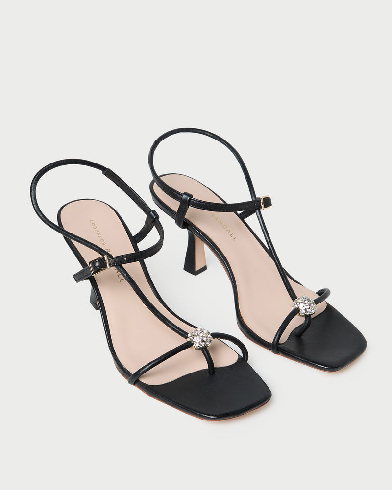 Triana Black/Crystal Mid-Heel Sandal in black leather with a crystal ball accent.
