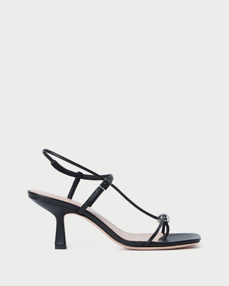 Triana Black Leather Mid-Heel Sandal in black leather.