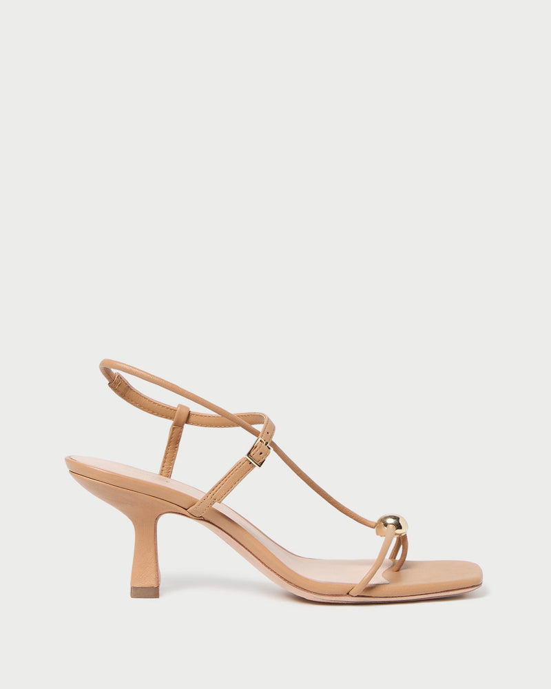 Triana Dune Leather Mid-Heel Sandal in dune tan leather.