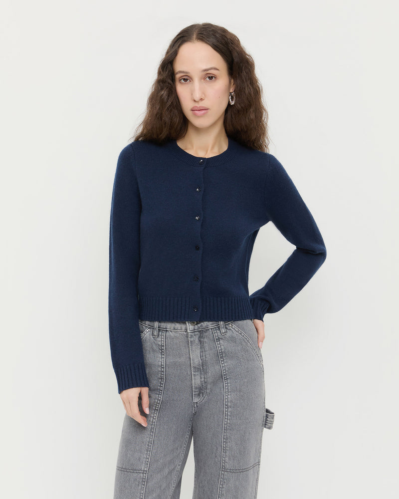 Tucker Cardigan in navy cashmere and Molly Workwear Jean in grey denim.