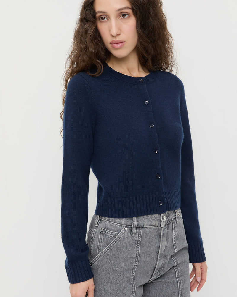 Tucker Cardigan in navy cashmere and Molly Workwear Jean in grey denim.