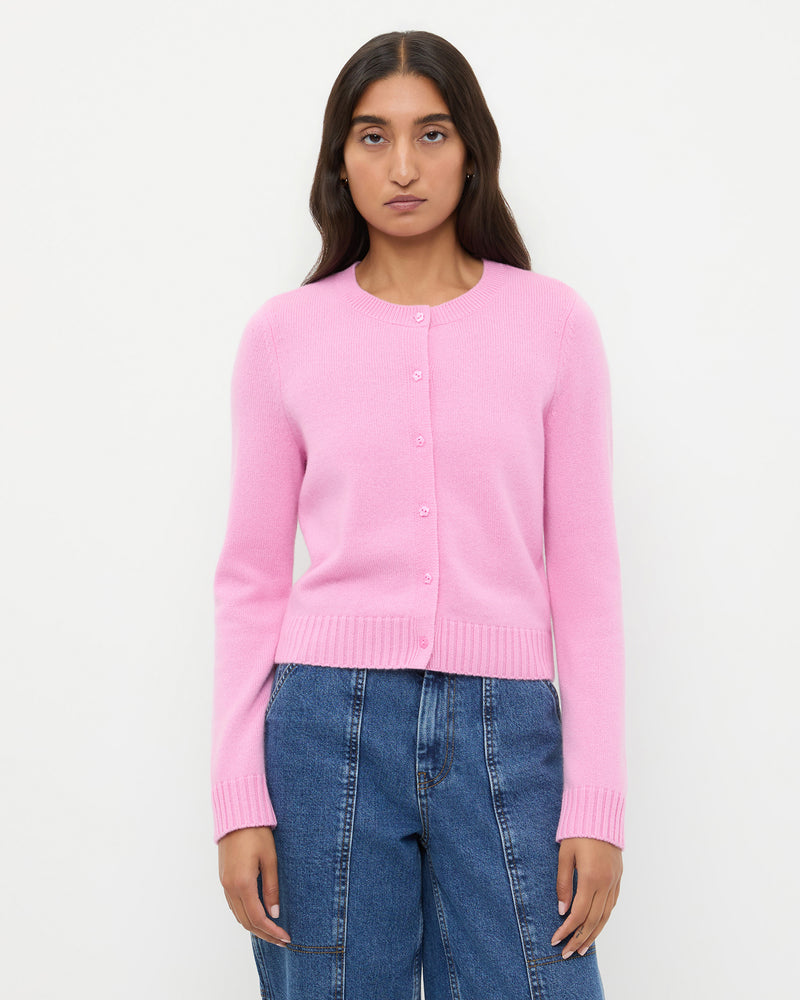 Tucker Cashmere Cardigan in pink cashmere.
