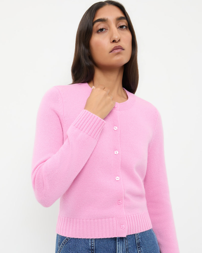Tucker Cashmere Cardigan in pink cashmere.