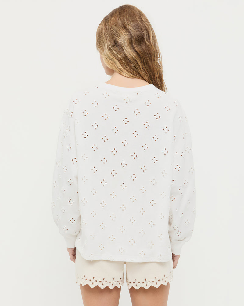Twilla Embroidered Jersey Top in Cream and Dover Embroidered Short in natural tan denim.