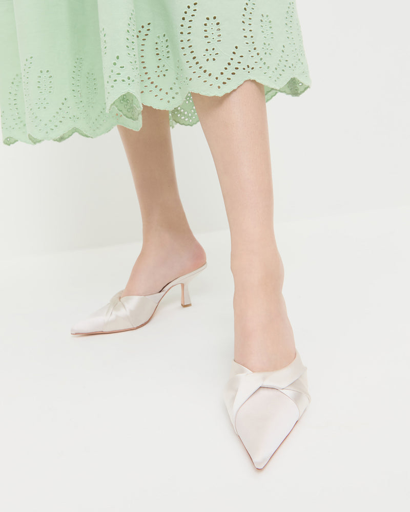 Tyla Cream Satin Twisted Mule in cream satin and Thelma Eyelet Dress in mint green cotton.