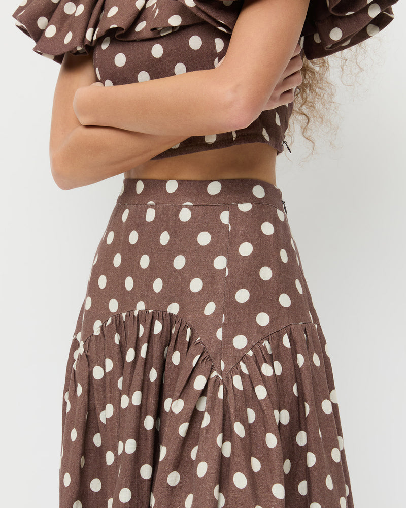 Valeria Skirt in brown/cream polka dot in linen and Vega Top in brown/cream polka dot in linen.