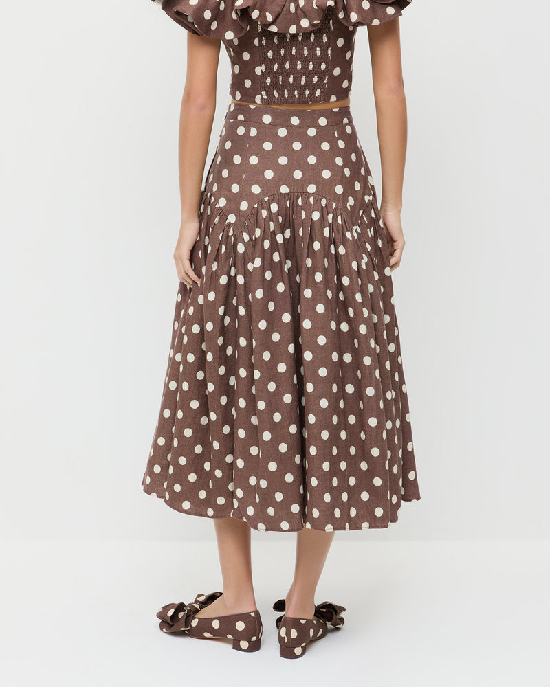 Valeria Skirt in brown/cream polka dot in linen, Vega Top in brown/cream polka dot in linen, and Noa Brown/Cream Linen Bow Flat.