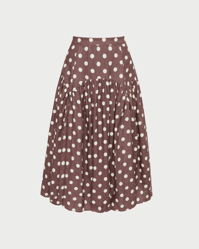 Valeria Skirt in brown/cream polka dot in linen.