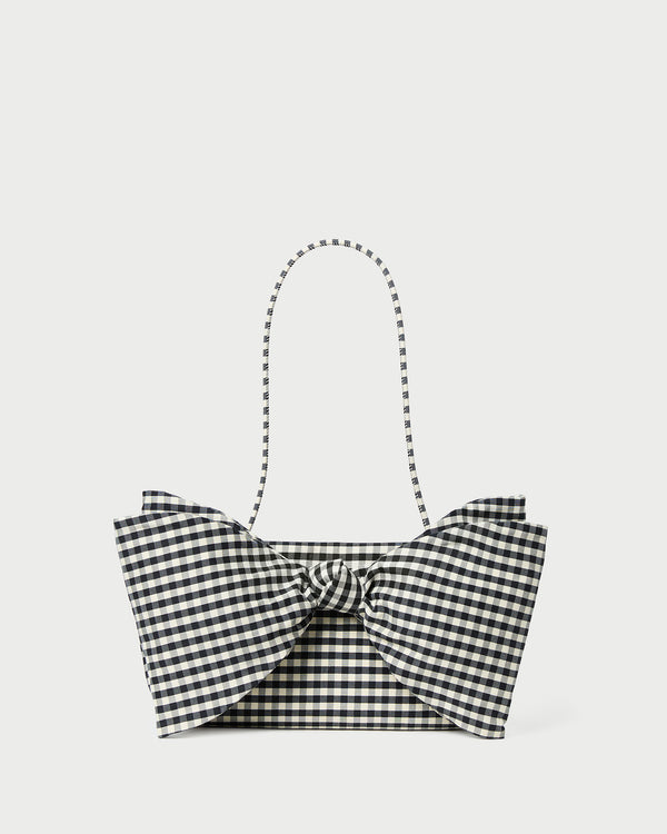 Valerie Black/White Gingham Bow Bag in brown and white gingham cotton silk.