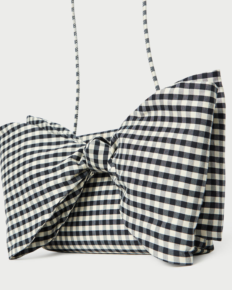 Valerie Black/White Gingham Bow Bag in brown and white gingham cotton silk.