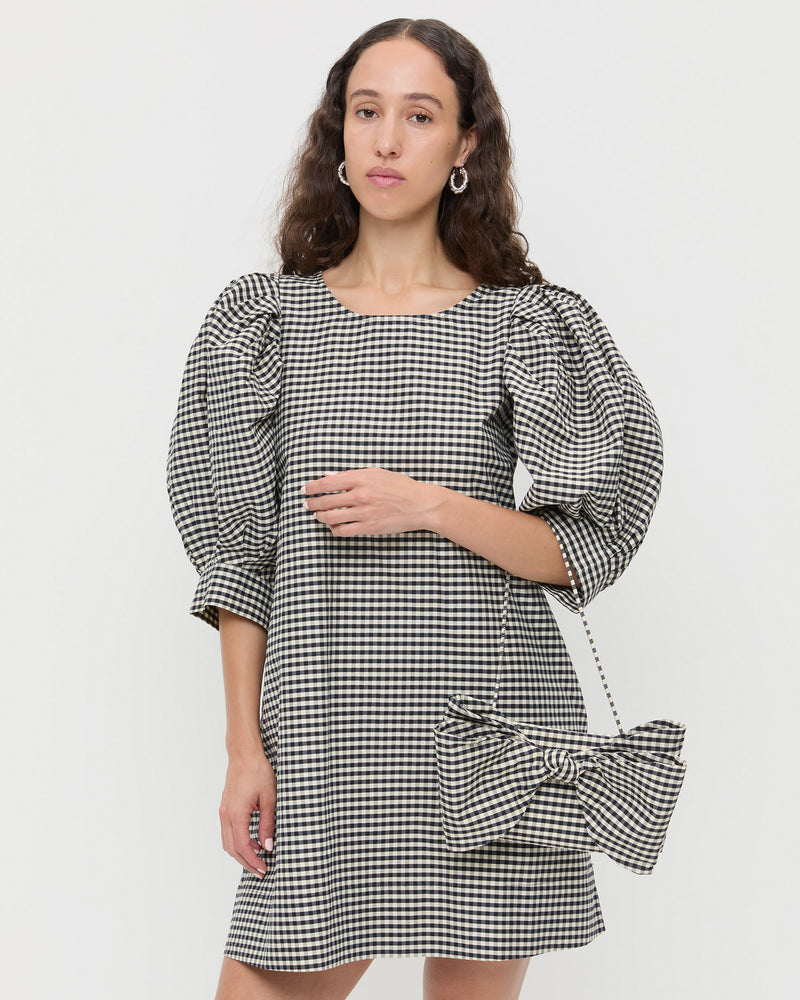 Valerie Black/White Gingham Bow Bag in brown and white gingham cotton silk and WIlly Mini Dress in black and white gingham cotton.