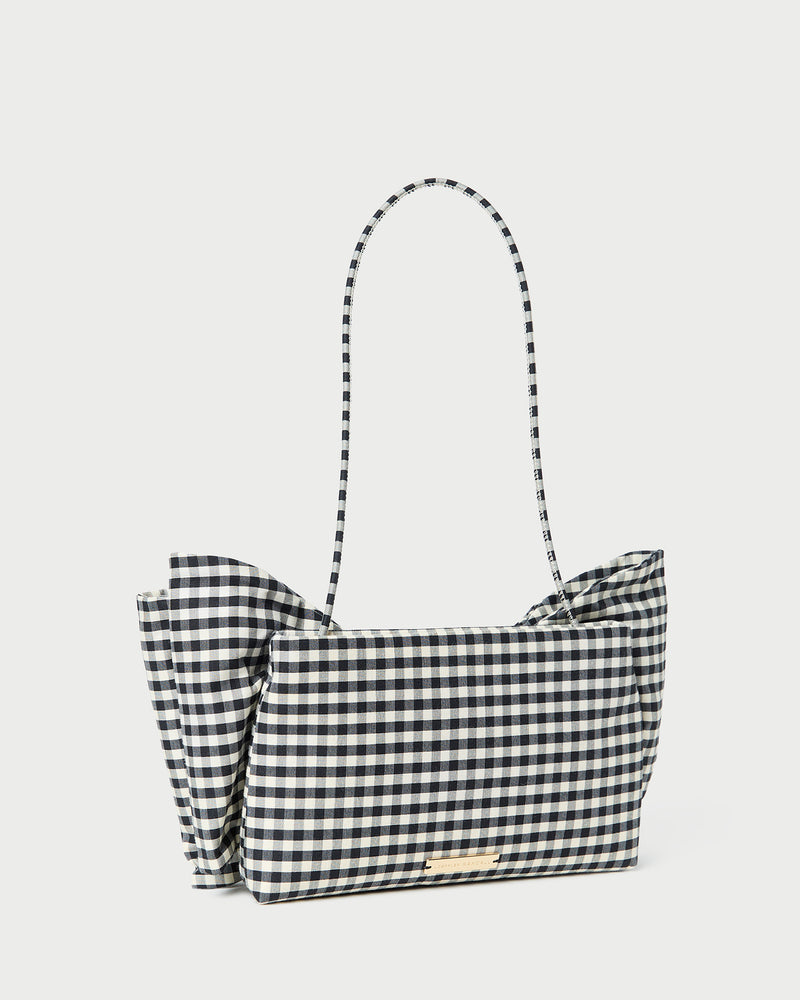 Valerie Black/White Gingham Bow Bag in brown and white gingham cotton silk.