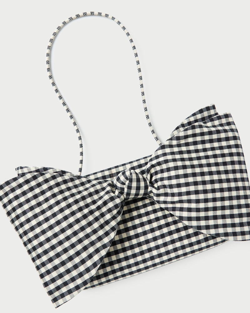 Valerie Black/White Gingham Bow Bag in brown and white gingham cotton silk.