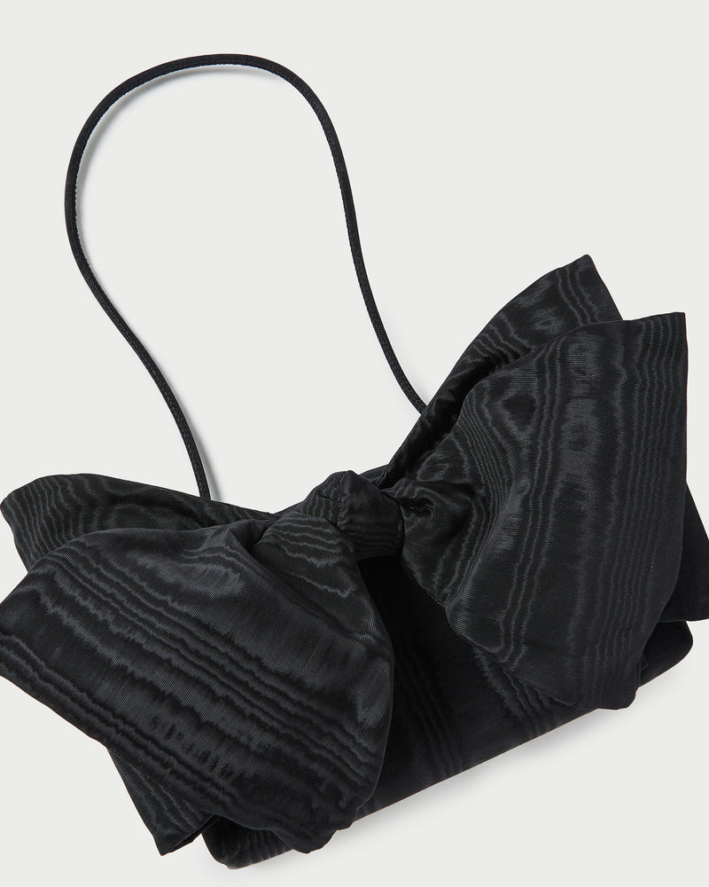 Valerie Black Moiré Bow Clutch in black moiré.