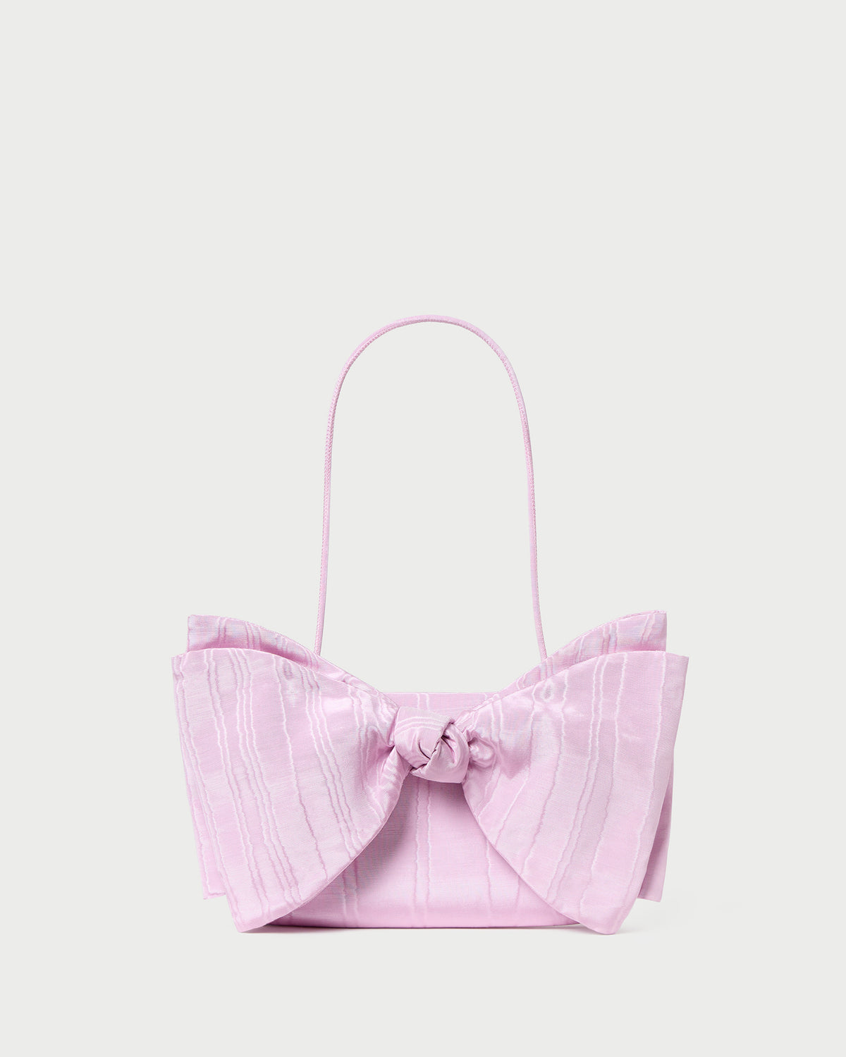 Valerie Pink Moiré Bow Clutch in powder pink.