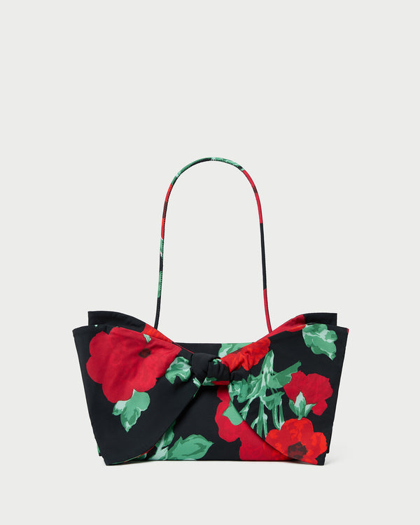Valerie Black Floral Bow Bag in black floral taffeta.