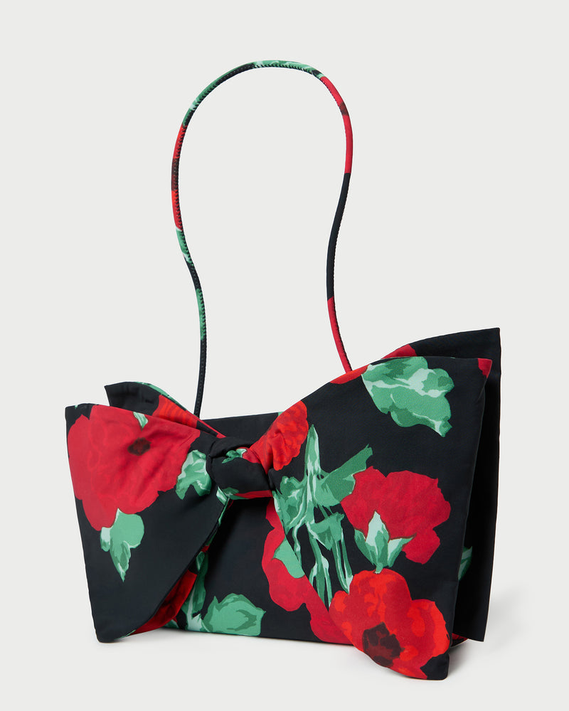 Valerie Black Floral Bow Bag in black floral taffeta.