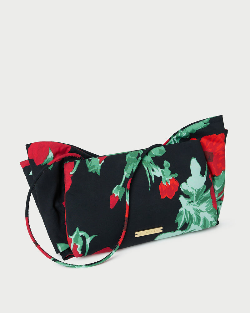 Valerie Black Floral Bow Bag in black floral taffeta.