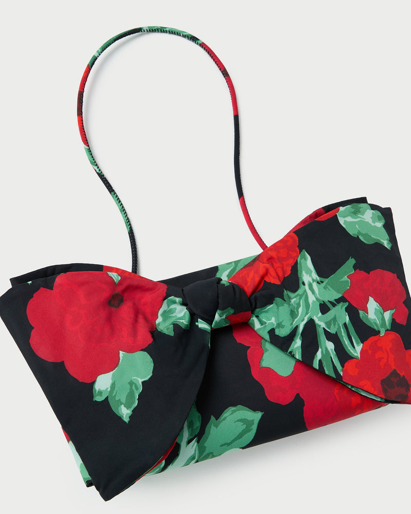Valerie Black Floral Bow Bag in black floral taffeta.